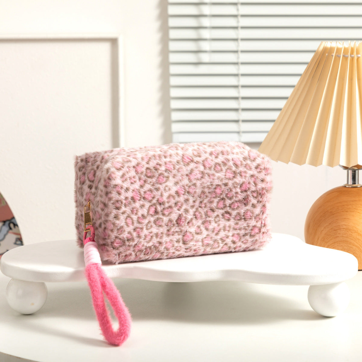 Furry Animal Print Wristlet Makeup Case - Rose