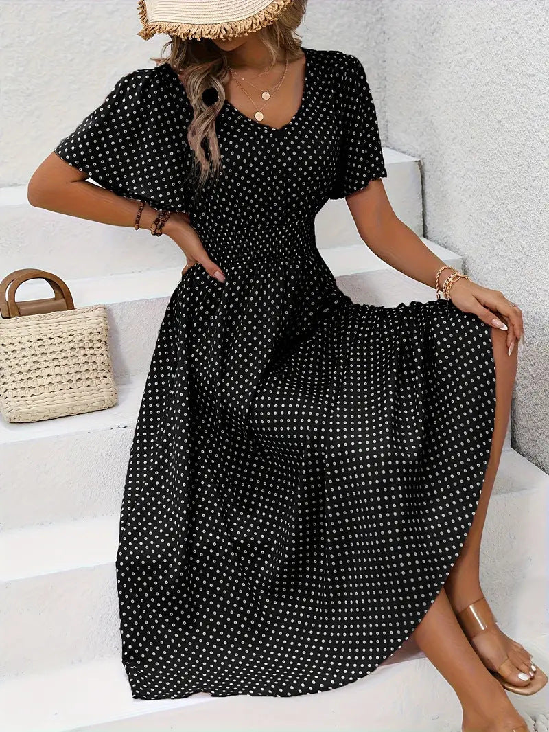 Dotted V Neck Midi Dress With Side Slit - Black