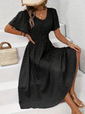 Dotted V Neck Midi Dress With Side Slit - Black