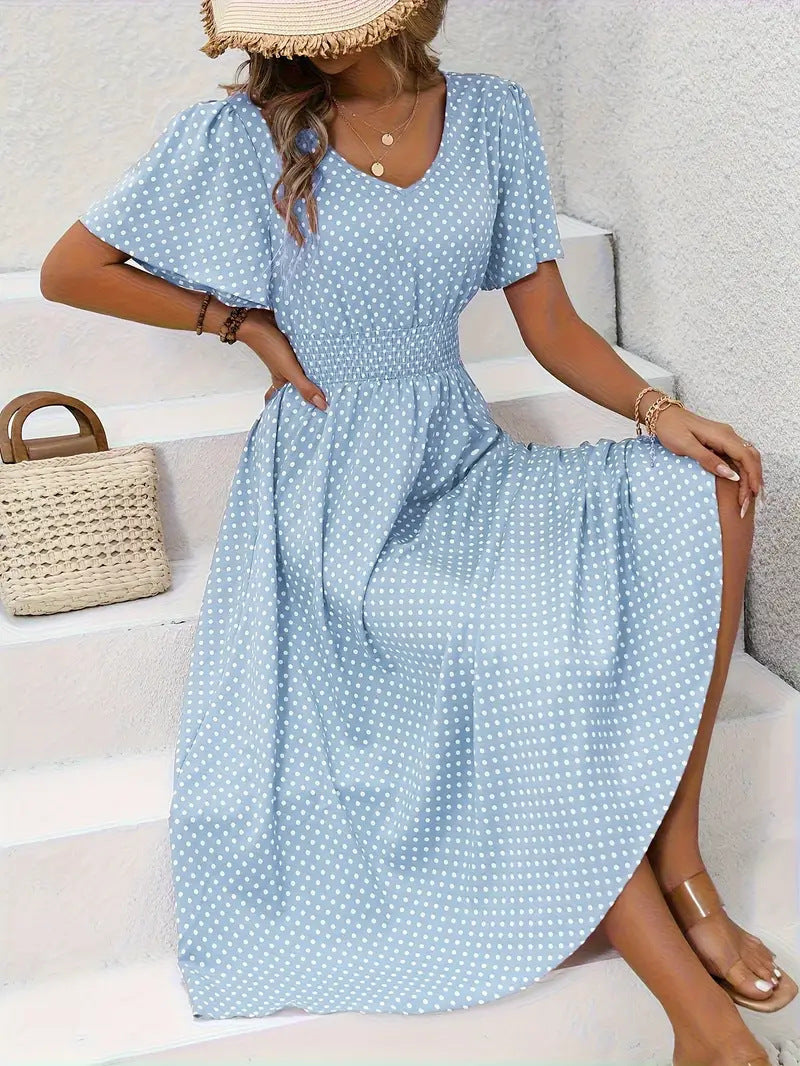 Dotted V Neck Midi Dress With Side Slit - Blue