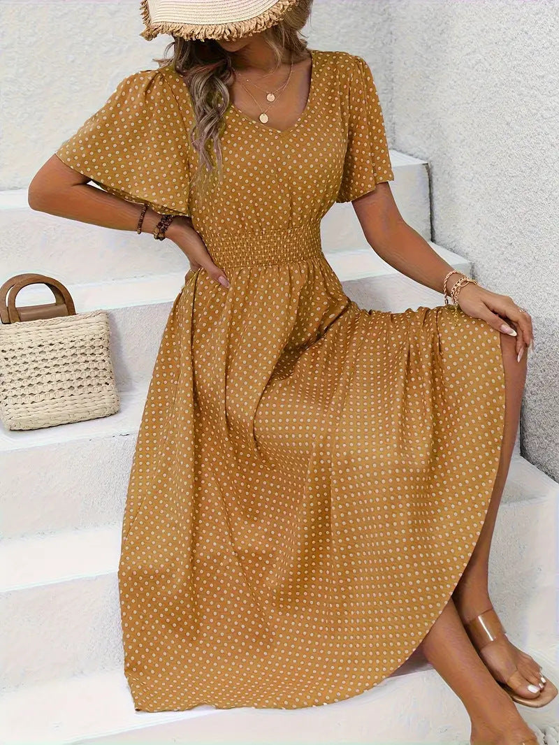Dotted V Neck Midi Dress With Side Slit - EarthyYellow