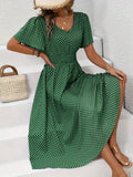 Dotted V Neck Midi Dress With Side Slit - Green