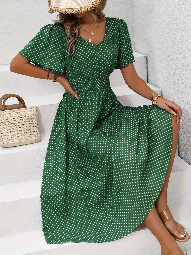 Dotted V Neck Midi Dress With Side Slit - Green