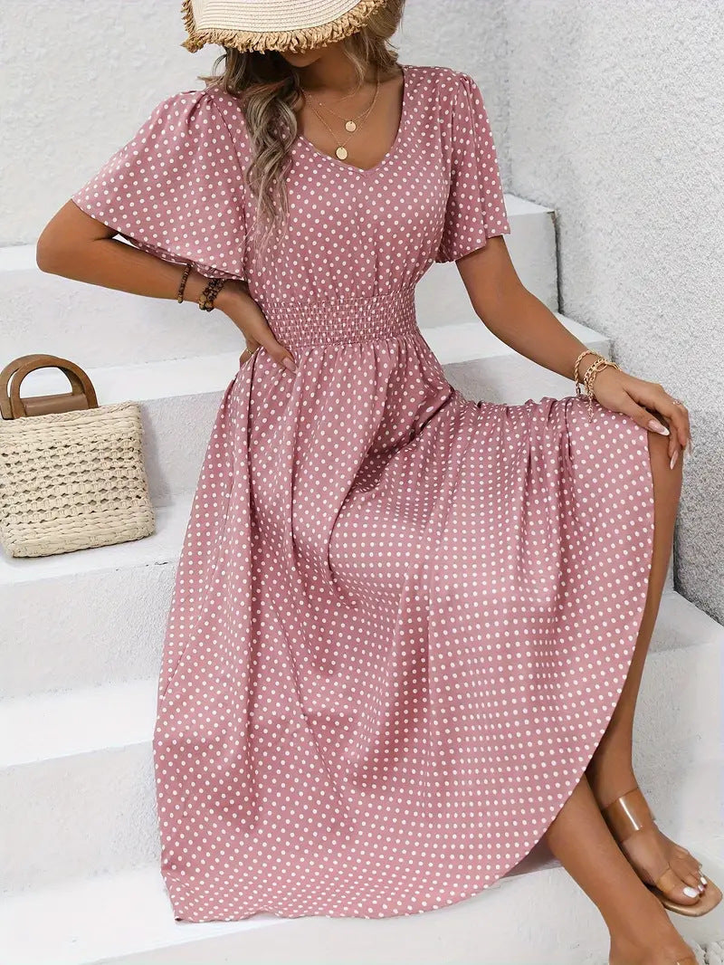 Dotted V Neck Midi Dress With Side Slit - Pink