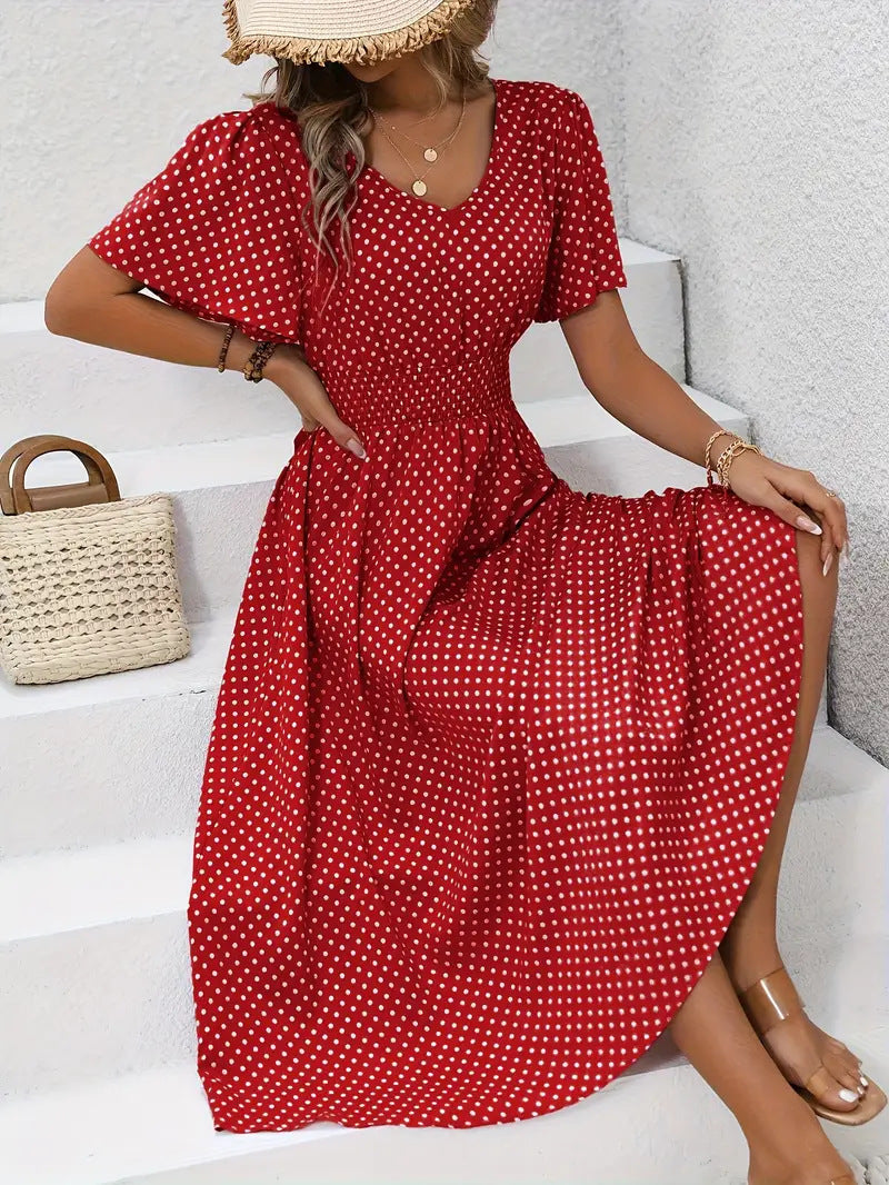 Dotted V Neck Midi Dress With Side Slit - Red