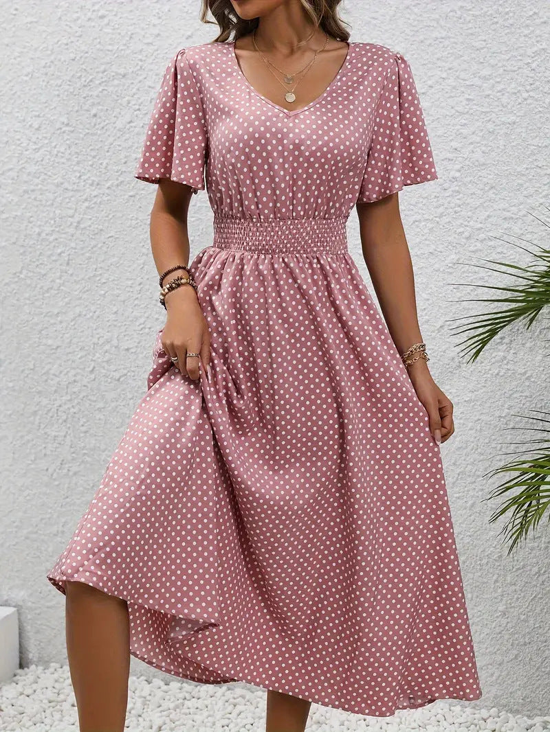 Dotted V Neck Midi Dress With Side Slit
