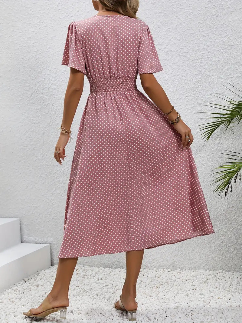 Dotted V Neck Midi Dress With Side Slit - view 1