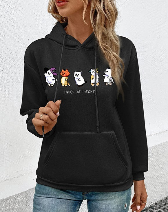 Halloween Cat Print Drawstring Pullover Hoodie - Black