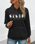 Halloween Cat Print Drawstring Pullover Hoodie - Black