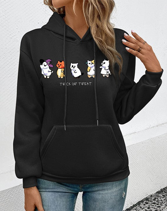 Halloween Cat Print Drawstring Pullover Hoodie - Black - 1