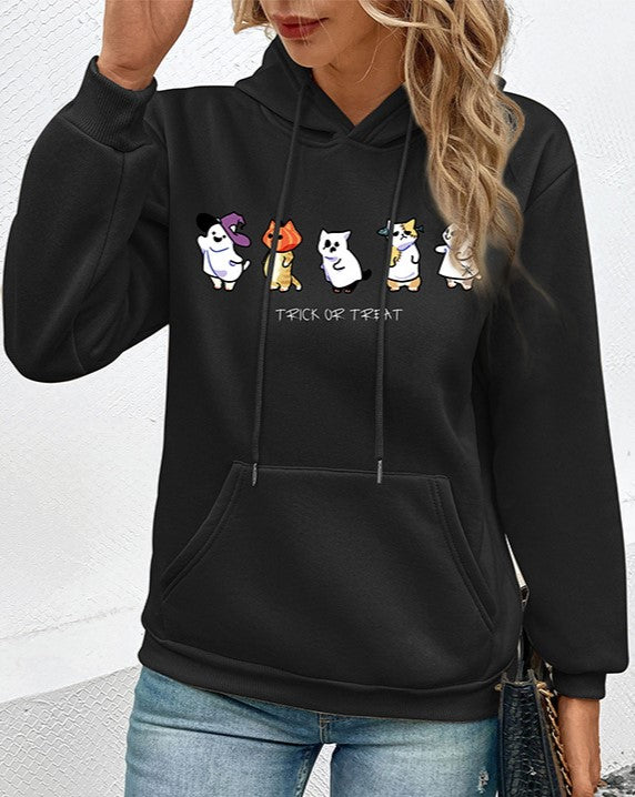 Halloween Cat Print Drawstring Pullover Hoodie - Black - 2