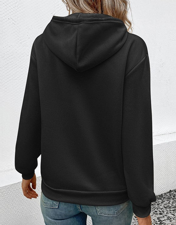 Halloween Cat Print Drawstring Pullover Hoodie - Black - 3