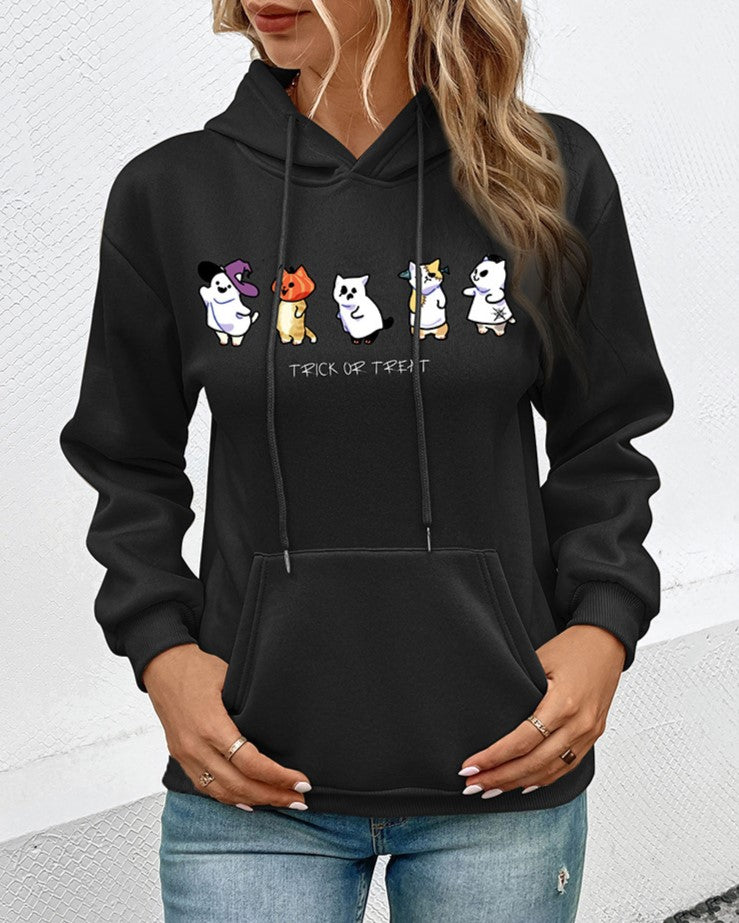 Halloween Cat Print Drawstring Pullover Hoodie