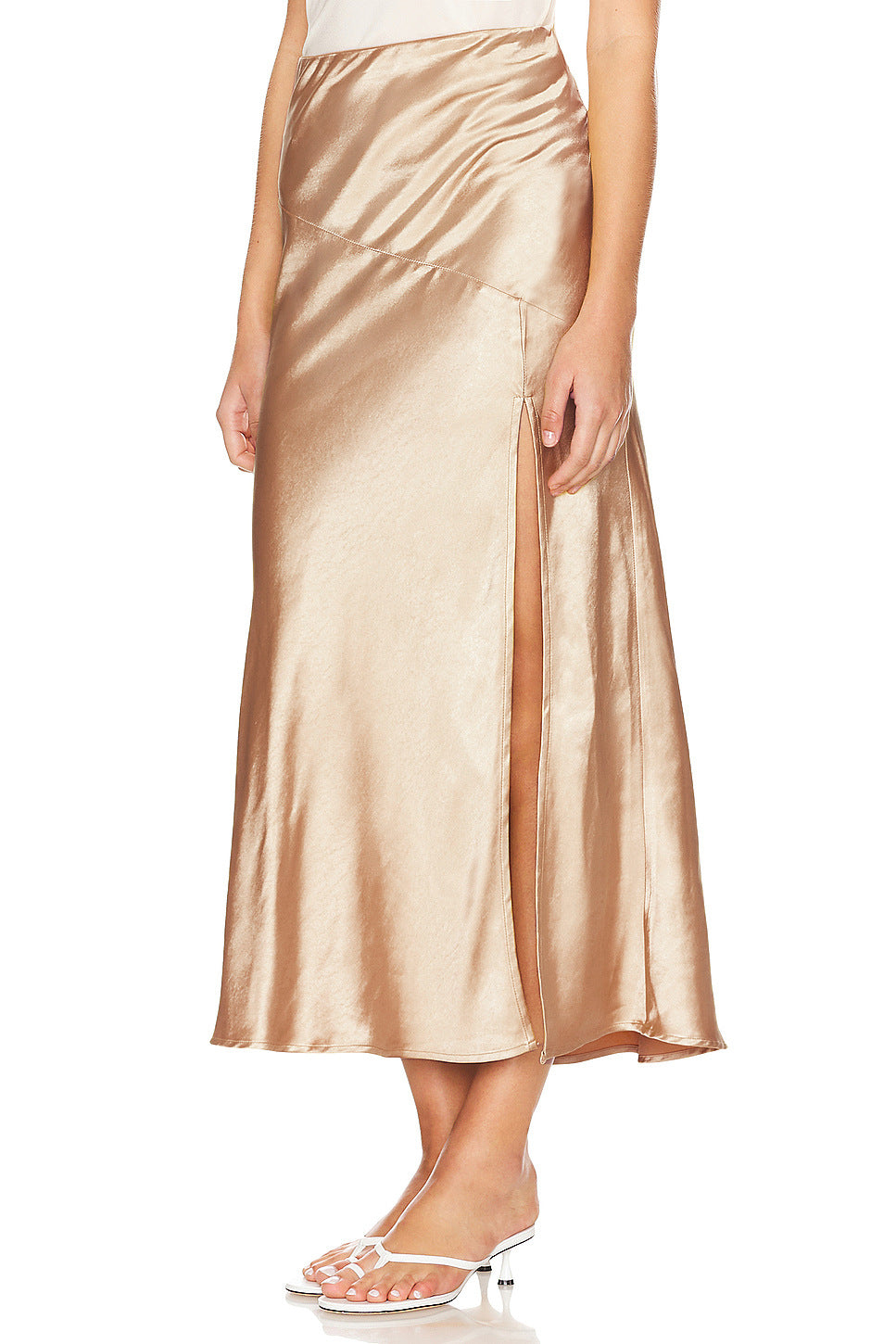 High Waist Satin Midi Skirt With Slit - Apricot