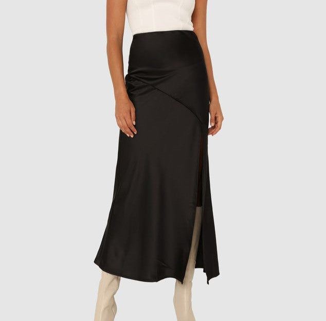 High Waist Satin Midi Skirt With Slit - Black