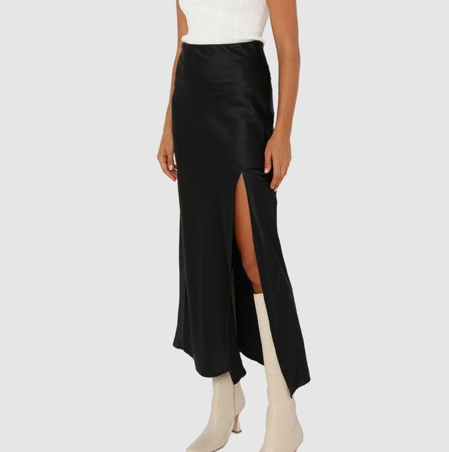 High Waist Satin Midi Skirt With Slit - Black - 1