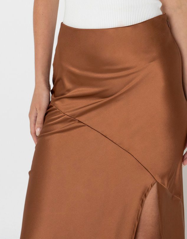 High Waist Satin Midi Skirt With Slit - Brown