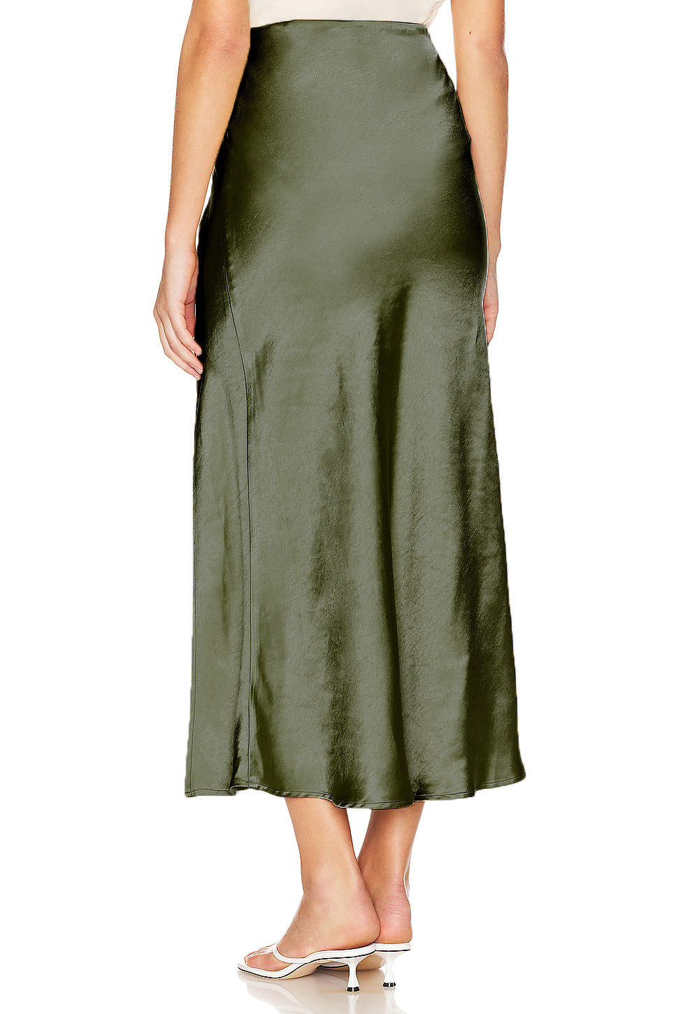 High Waist Satin Midi Skirt With Slit - Green - 1