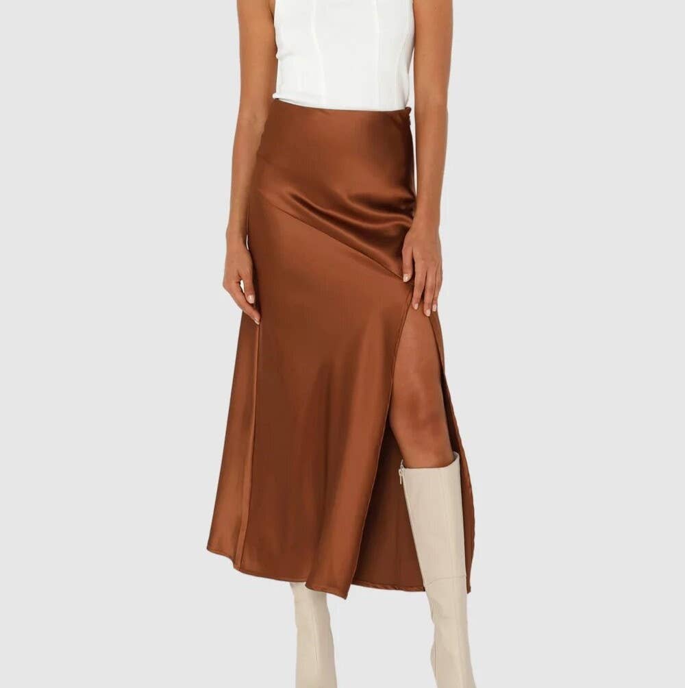 High Waist Satin Midi Skirt With Slit