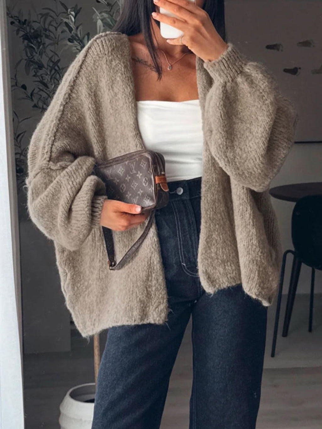 Oversized Batwing Sleeve Fluffy Knit Cardigan - Khaki