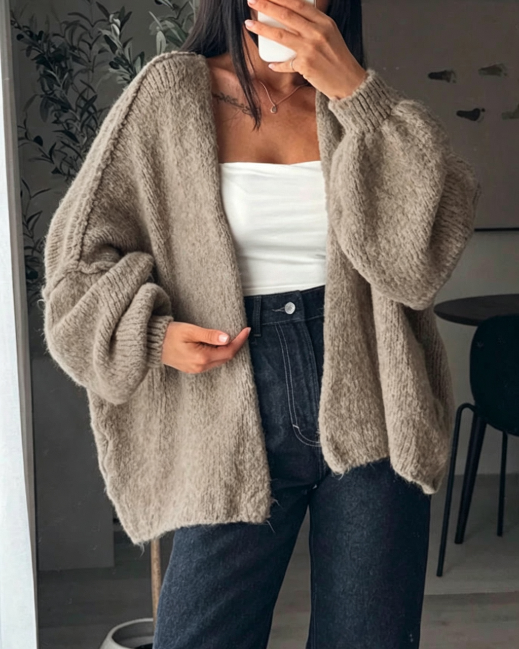Oversized Batwing Sleeve Fluffy Knit Cardigan - Khaki - 1