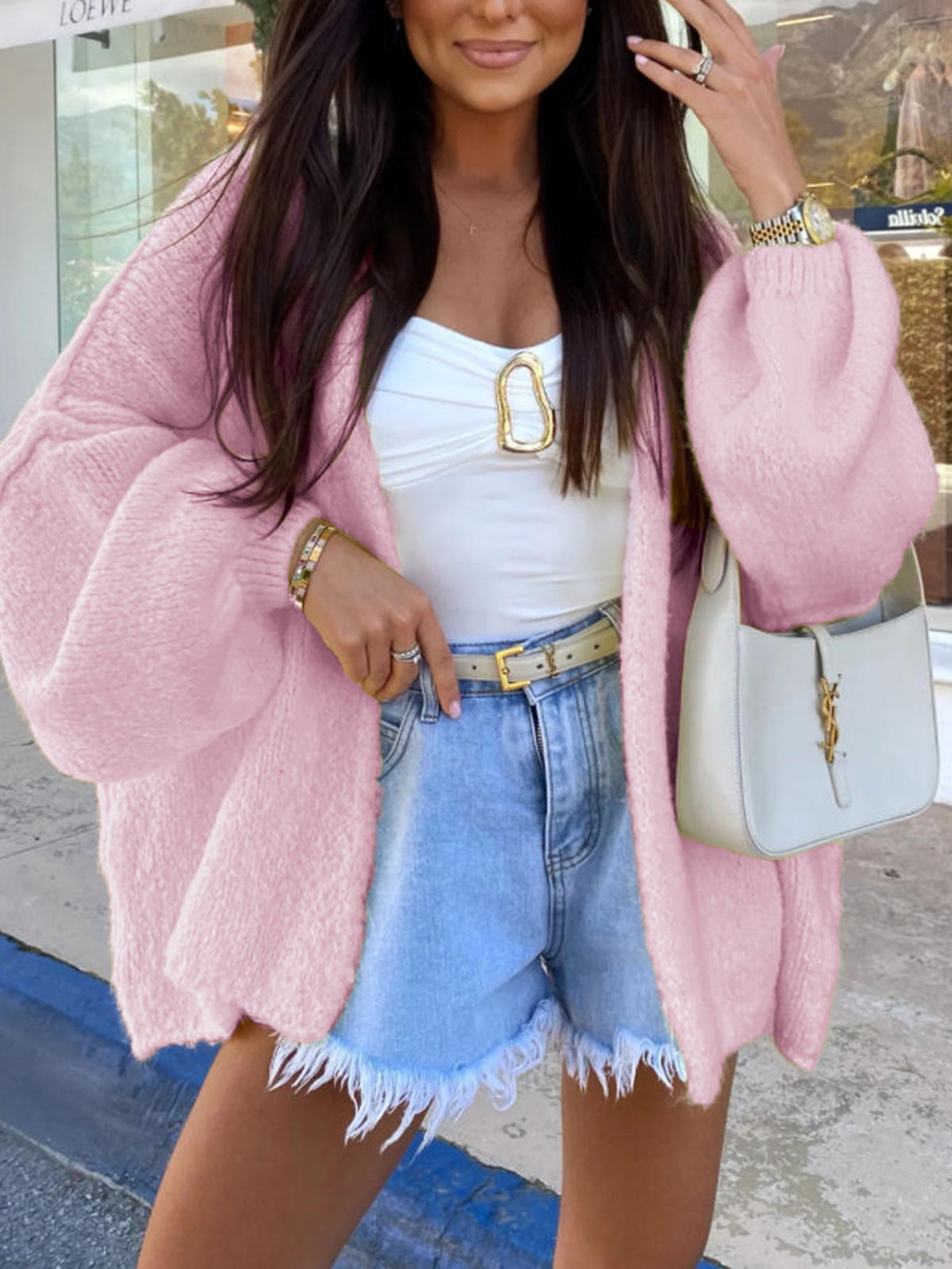 Oversized Batwing Sleeve Fluffy Knit Cardigan - Pink