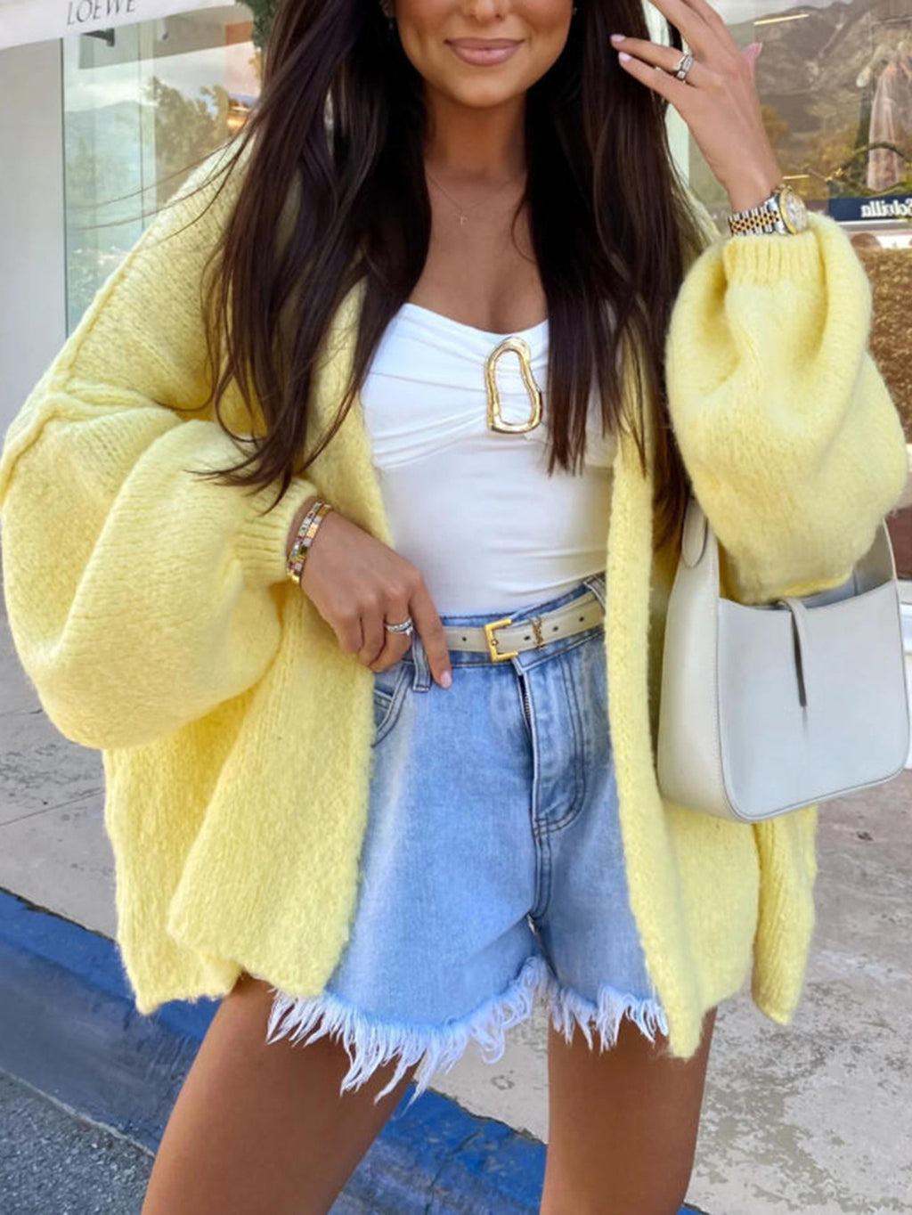 Oversized Batwing Sleeve Fluffy Knit Cardigan - Yellow