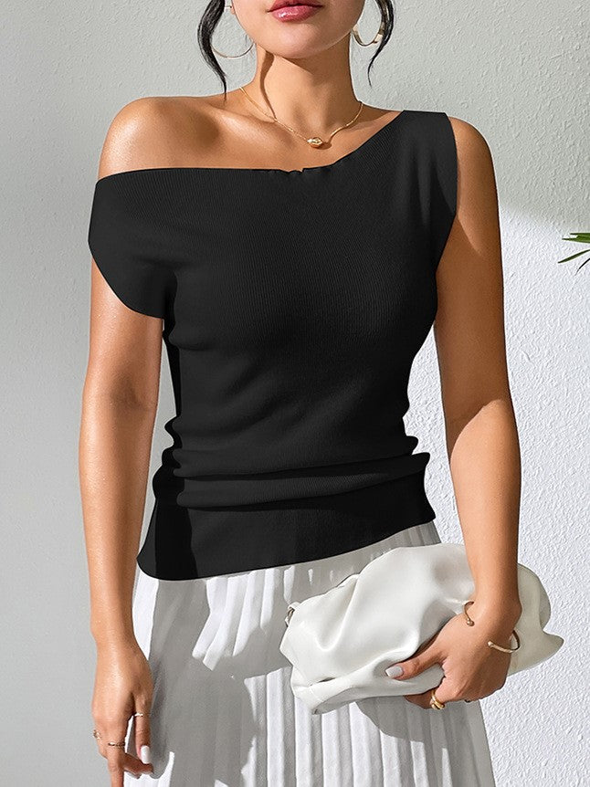 Asymmetric One Shoulder Ribbed Knit Top - Black