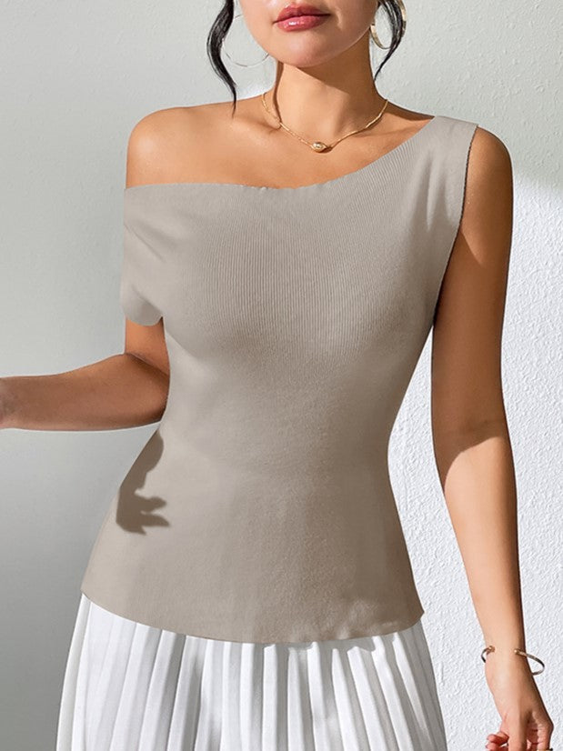 Asymmetric One Shoulder Ribbed Knit Top - Khaki