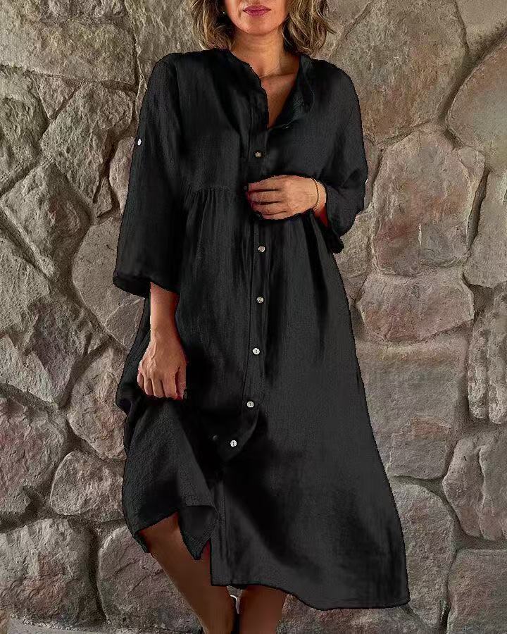 Oversized Cotton Button Front Midi Dress - Black