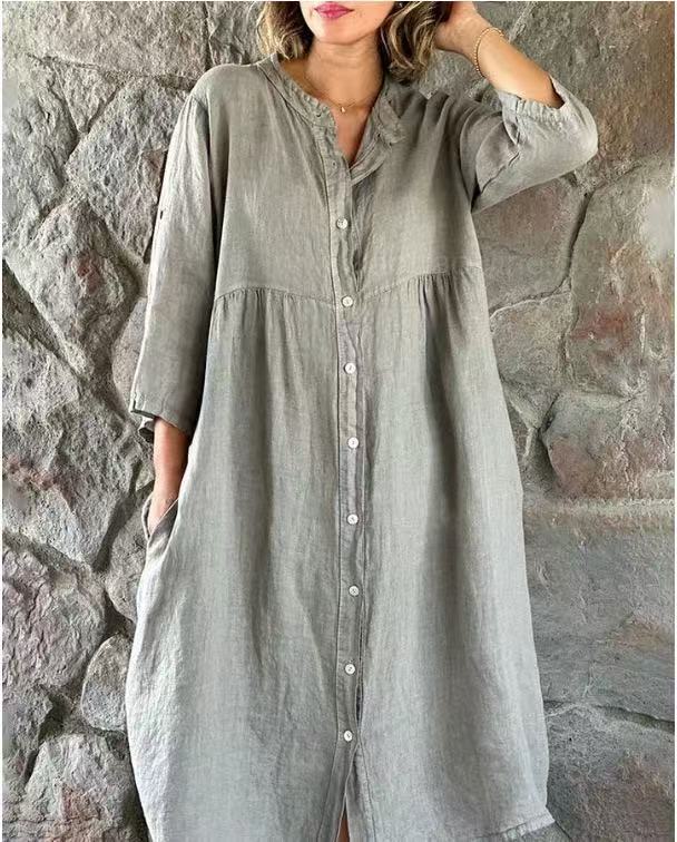 Oversized Cotton Button Front Midi Dress - Grey