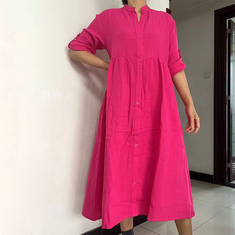 Oversized Cotton Button Front Midi Dress - Rosered
