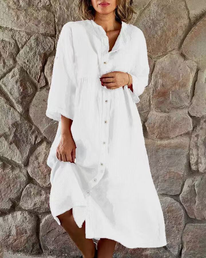Oversized Cotton Button Front Midi Dress - White