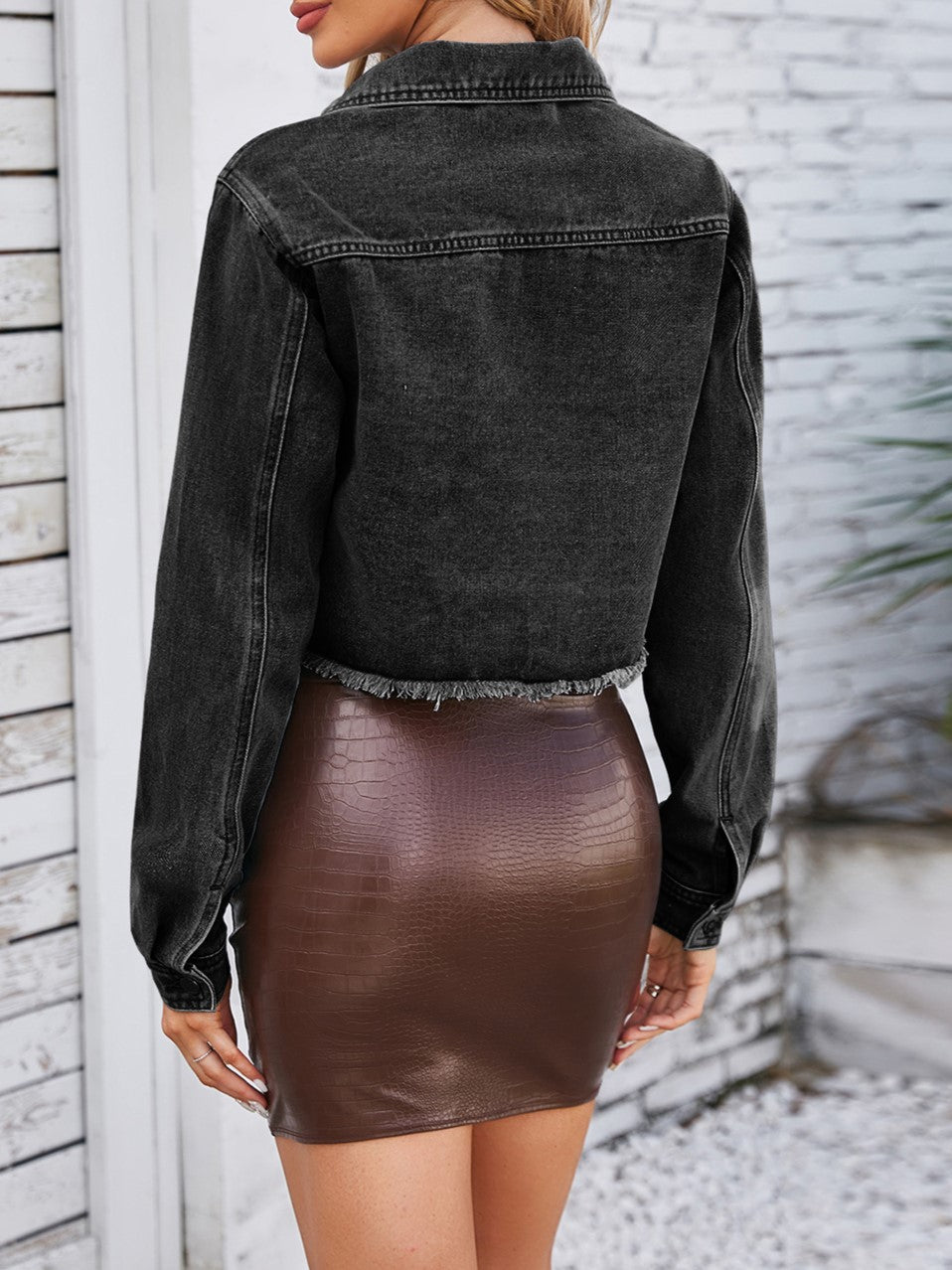 Raw Hem Cropped Denim Trucker Jacket - Blackgrey - 1