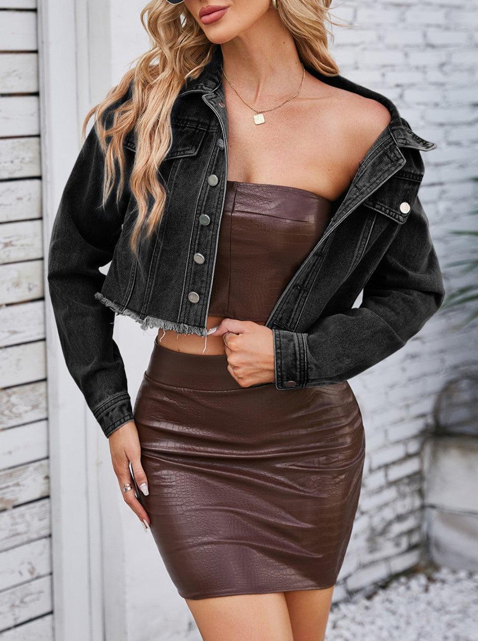 Raw Hem Cropped Denim Trucker Jacket - Blackgrey - 4
