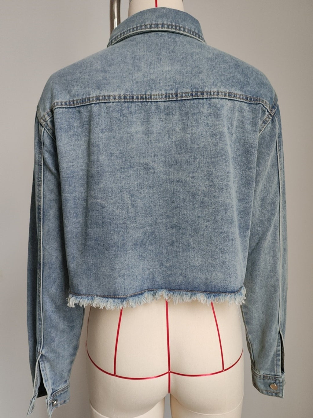 Raw Hem Cropped Denim Trucker Jacket - Blue - 3