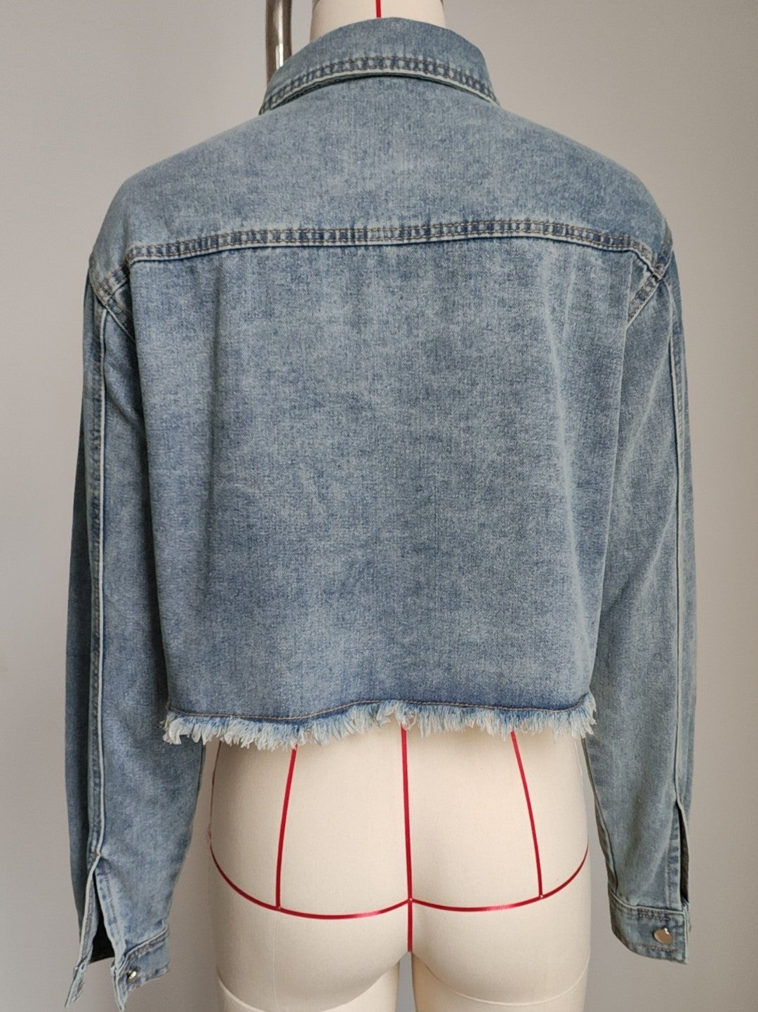 Raw Hem Cropped Denim Trucker Jacket - Blue - 3