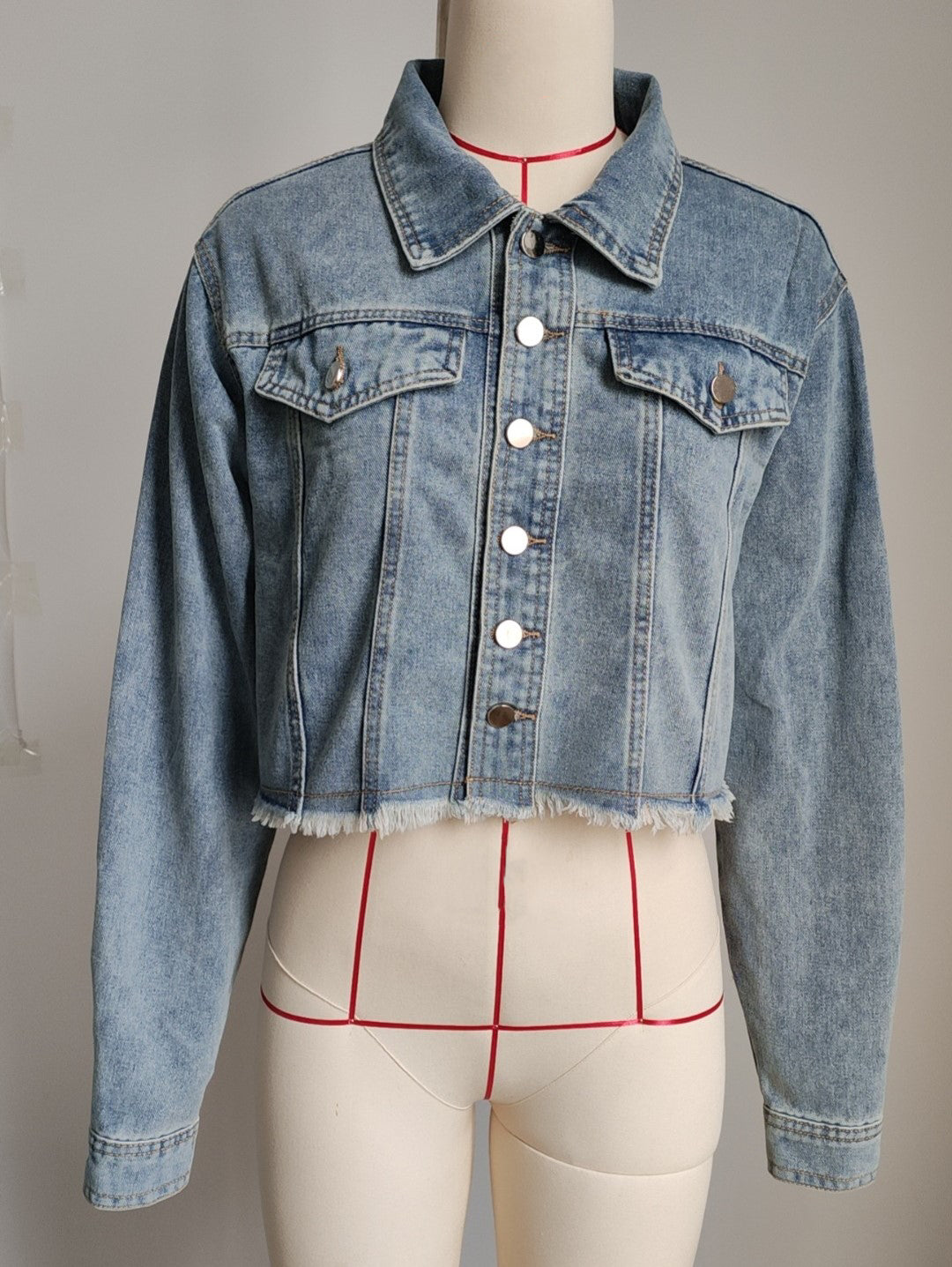 Raw Hem Cropped Denim Trucker Jacket - Blue - 6