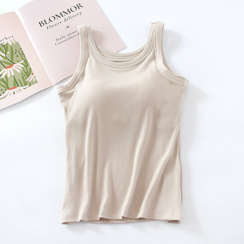 Ribbed Scoop Neck Shelf Bra Tank - Beige