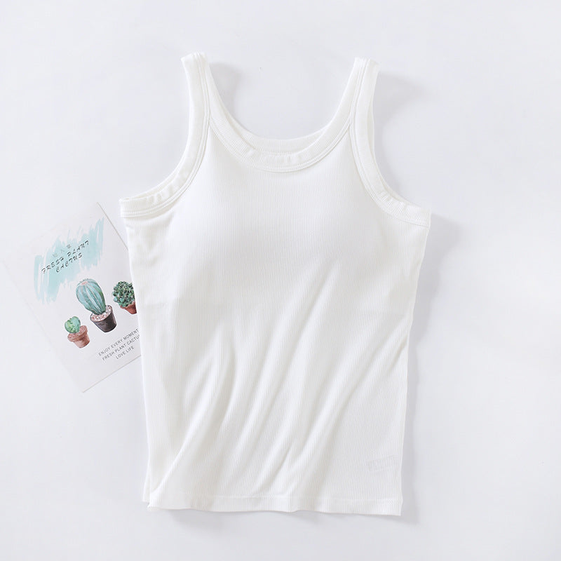 Ribbed Scoop Neck Shelf Bra Tank - White