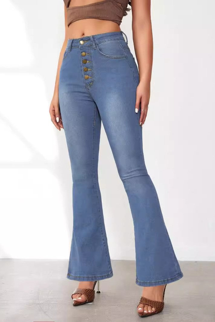 Exposed Button Fly High Waist Flare Jeans - LTblue