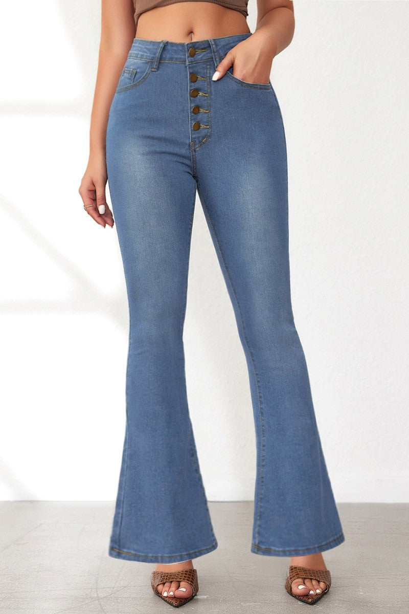 Exposed Button Fly High Waist Flare Jeans - LTblue - 1