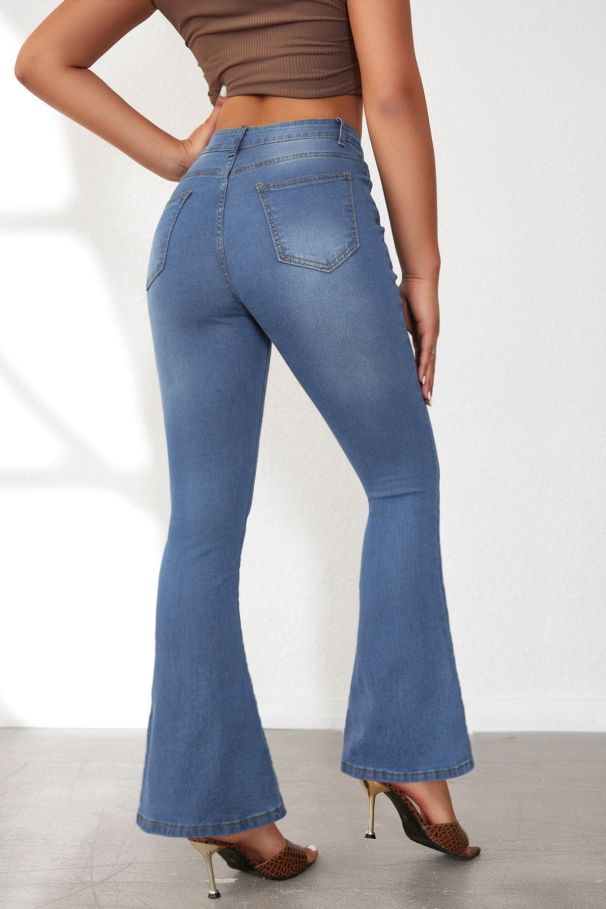 Exposed Button Fly High Waist Flare Jeans - LTblue - 2