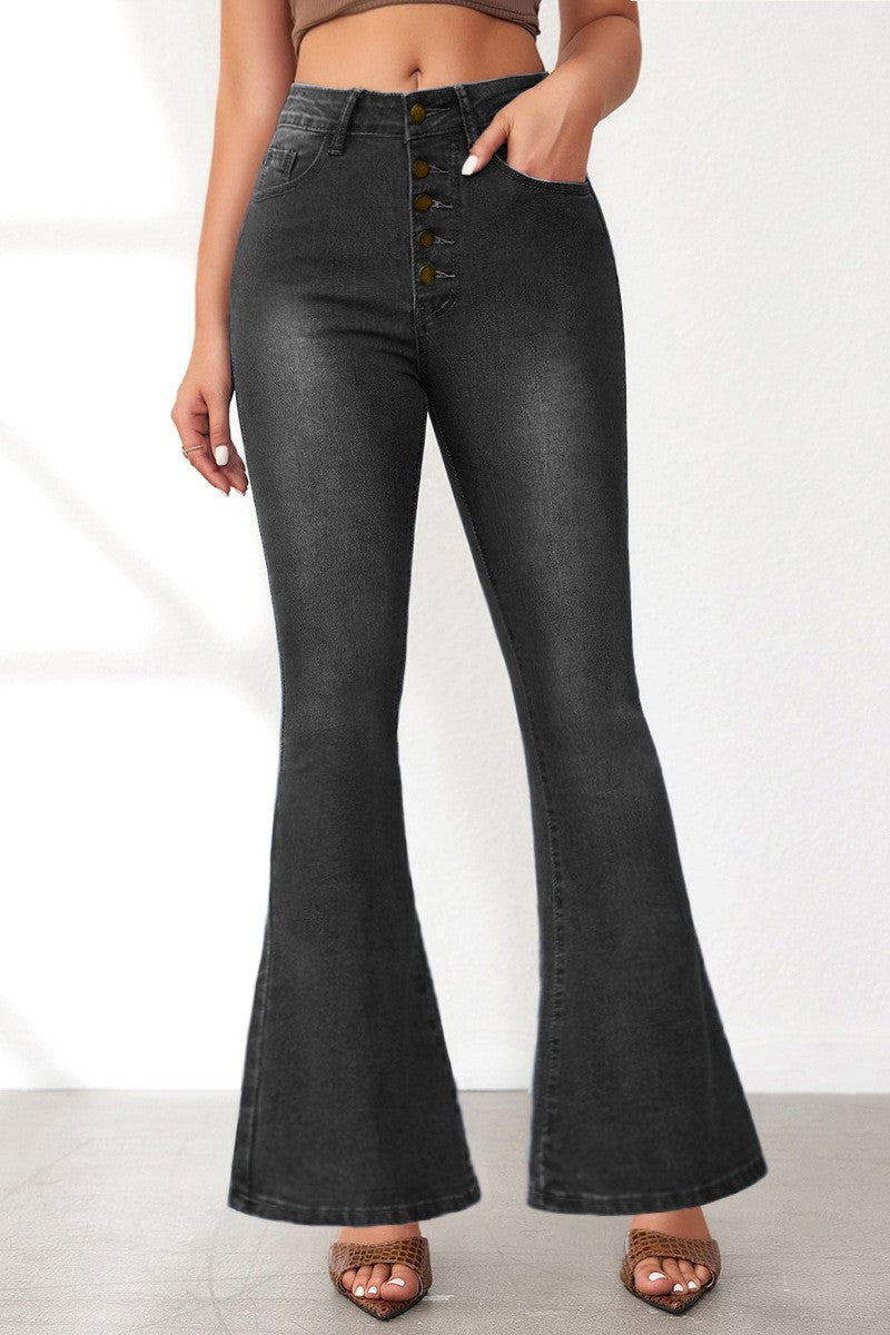 Exposed Button Fly High Waist Flare Jeans - LTgray