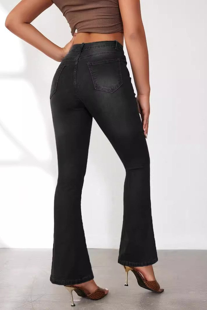 Exposed Button Fly High Waist Flare Jeans - black