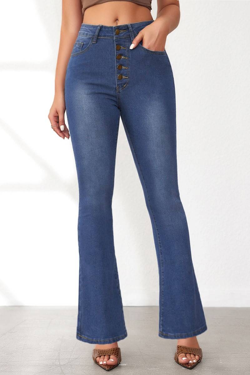 Exposed Button Fly High Waist Flare Jeans - blue