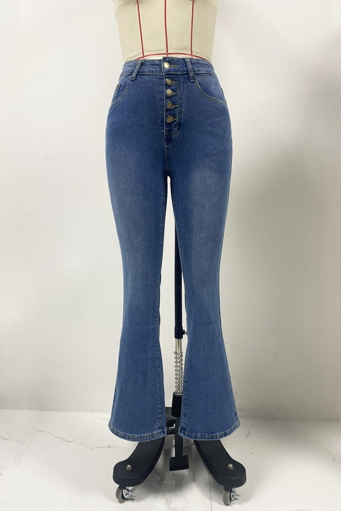 Exposed Button Fly High Waist Flare Jeans - blue - 1