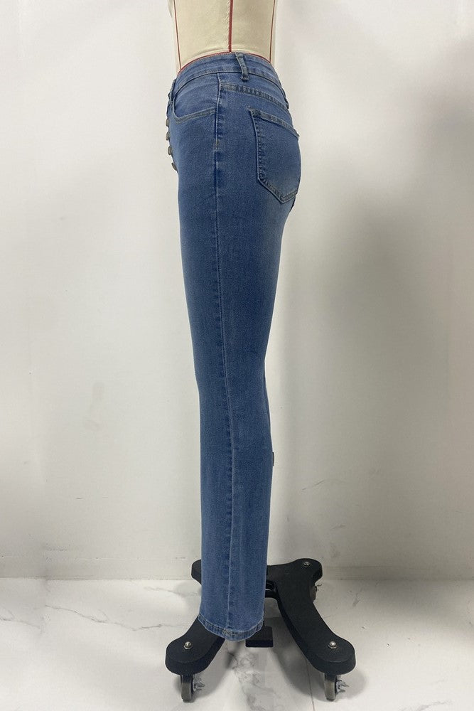 Exposed Button Fly High Waist Flare Jeans - blue - 2