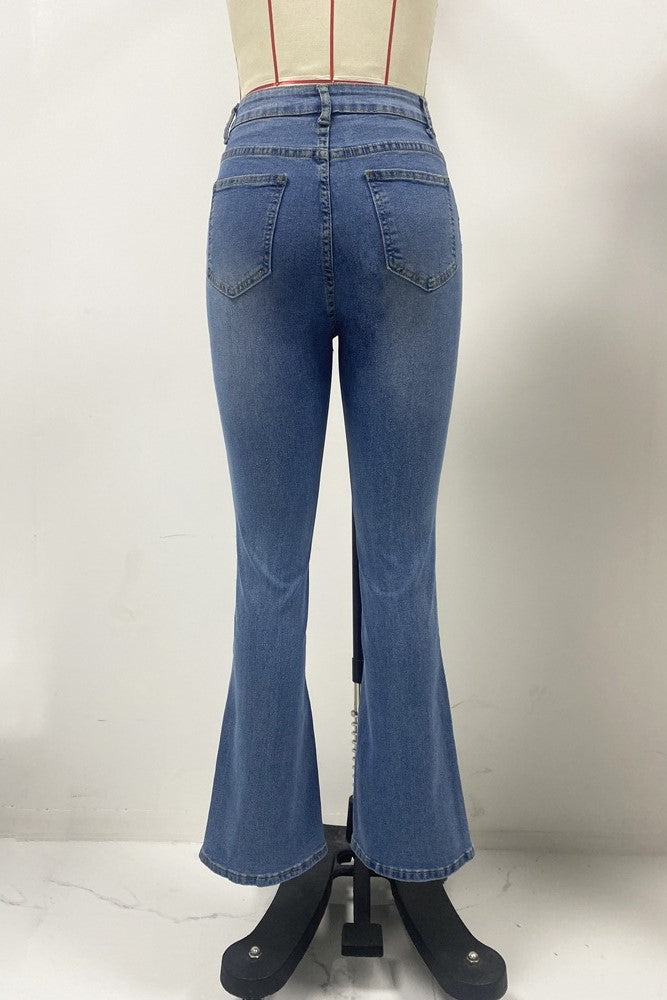 Exposed Button Fly High Waist Flare Jeans - blue - 3