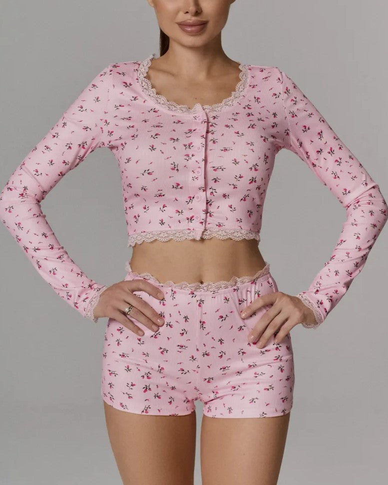 Ditsy Floral Lace Trim Lounge Set - Pink
